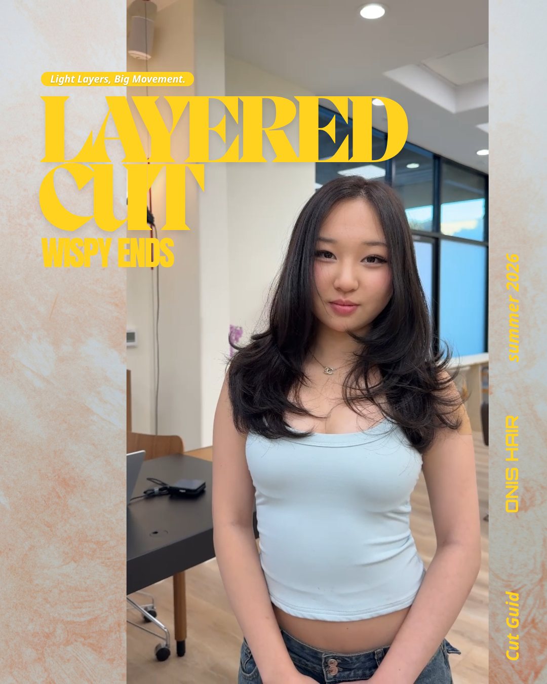 Layered cut with wispy ends and waves at ONIS Hair Salon, Koreatown Los Angeles